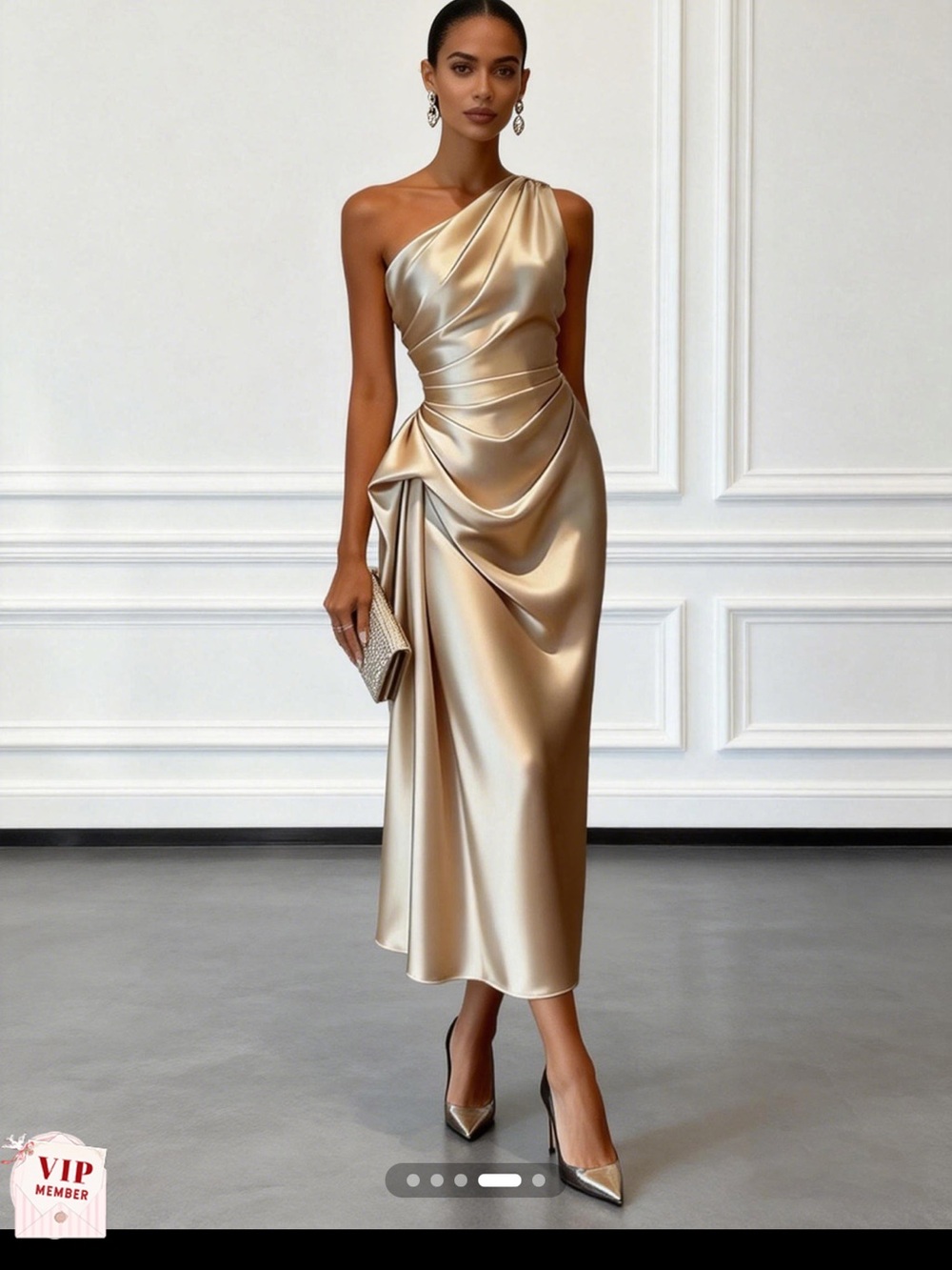 Fehaute Fehaute Champagne Ruched Satin One Shoulder Sleeveless Sheath Midi Dress - Picture 4 of 5
